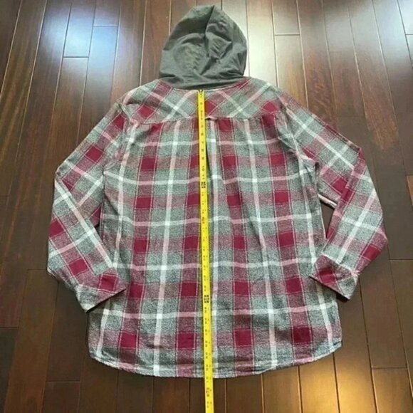 KOLBY Mens Flannel Shirt Button Up Shacket Hoodie Burgundy Grey Plaid Large - Picture 15 of 16